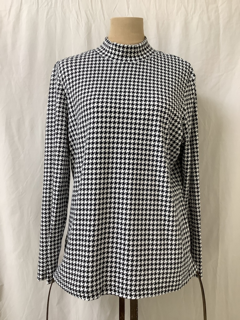 Karen Scott Mock Turtleneck Pullover Top Shirt-Black White Houndstooth-XL Reg